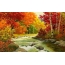 Painted picture of the autumn forest, waterfall