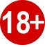 White number "18+" on a red background