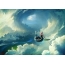 Drawn clouds, guy on the boat
