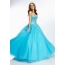Dress turquoise ໃນແກນທີ່ມີສິ້ນ fluffy ເປັນ